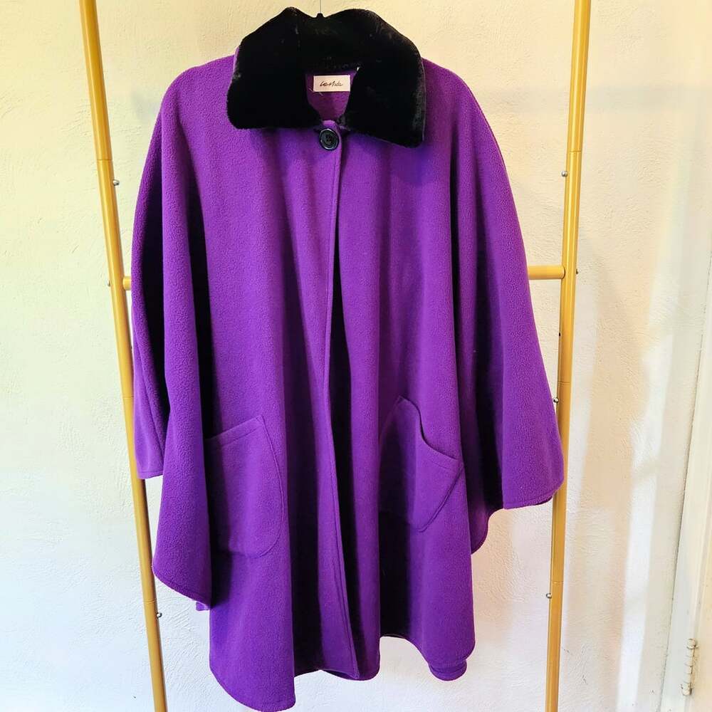 Le Moda Purple Fleece Cape Poncho Coat with Black Faux Fur Collar